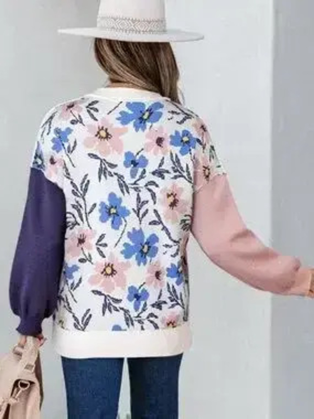 Floral Panel Colorblock Sleeve Patchwork Sweater - Picture 2 of 9